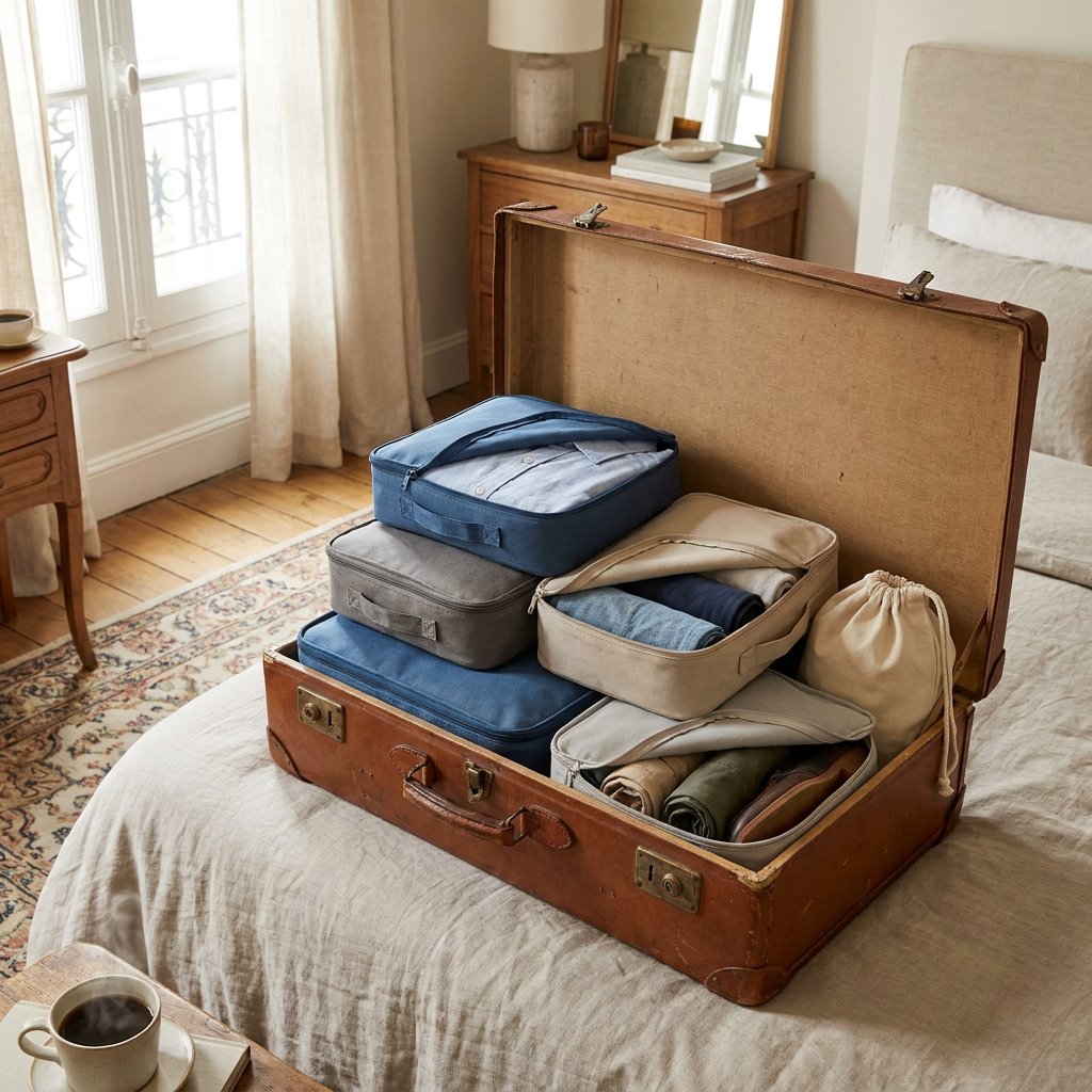 Open suitcase on a bed with neatly arranged packing cubes holding folded clothes, shoes and laundry pouches in soft natural daylight.