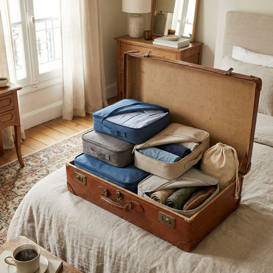 Open suitcase on a bed with neatly arranged packing cubes holding folded clothes, shoes and laundry pouches in soft natural daylight.