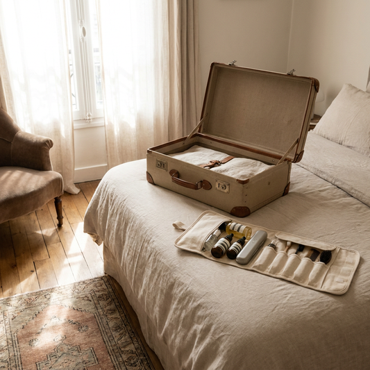 Open travel toiletries organiser neatly packed on a bed with skincare, makeup and mini bottles beside a suitcase in soft morning light.