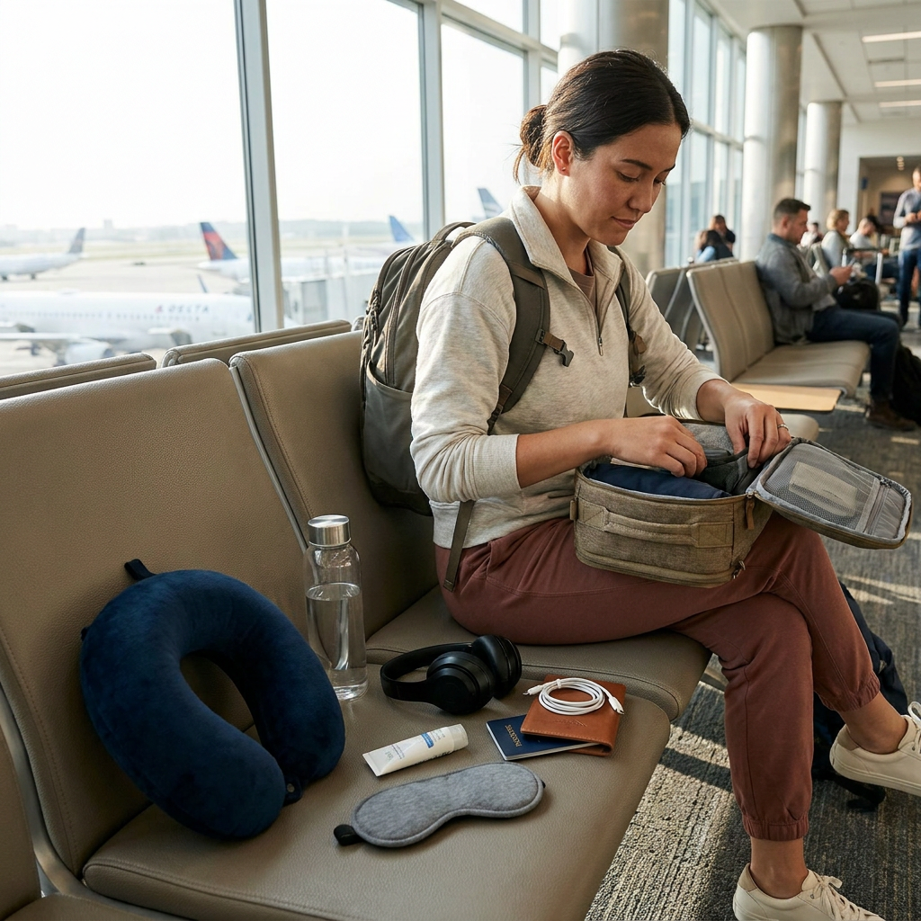 Traveller at an airport gate packing a neck pillow, water bottle, headphones and passport into a carry-on under soft morning light.