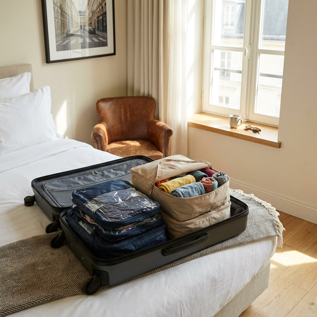 Open carry-on on a hotel bed with compression packing cubes and standard cubes side by side, neatly filled with folded travel clothes.