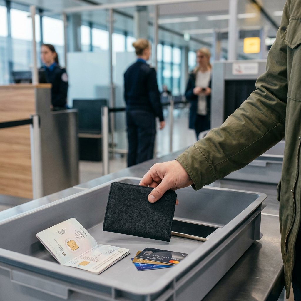 Traveller placing a passport holder beside boarding essentials at an airport security tray, with soft daylight and a calm, practical travel mood.