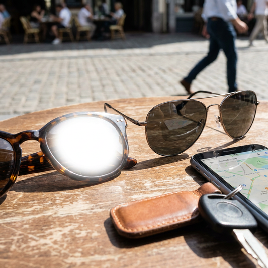 Two pairs of sunglasses rest on a café table beside a phone, with reflected street glare in one lens and a clearer screen view in the other.