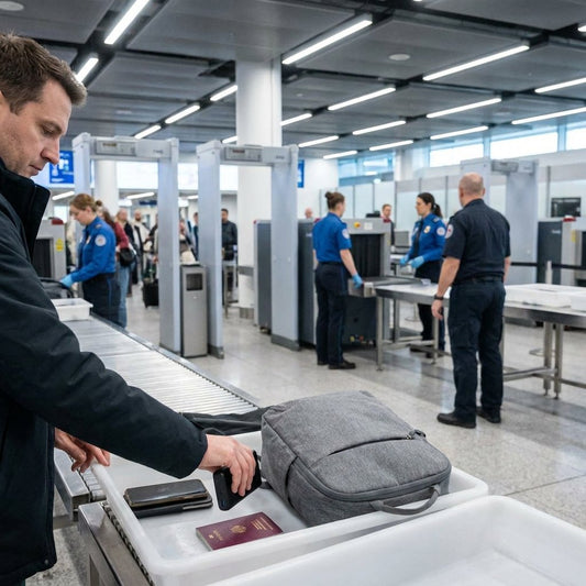 Traveller places a compact power bank in a carry-on tray at airport security, with passport and phone beside it under bright terminal lighting.