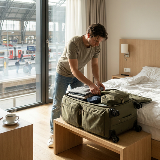Soft-sided suitcase half packed on a hotel bench beside a train station window, showing exterior pockets, spinner wheels and flexible fabric.