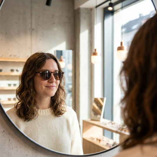 Person in a bright optical shop trying on sunglasses in front of a mirror, checking frame width, bridge fit and cheek clearance.