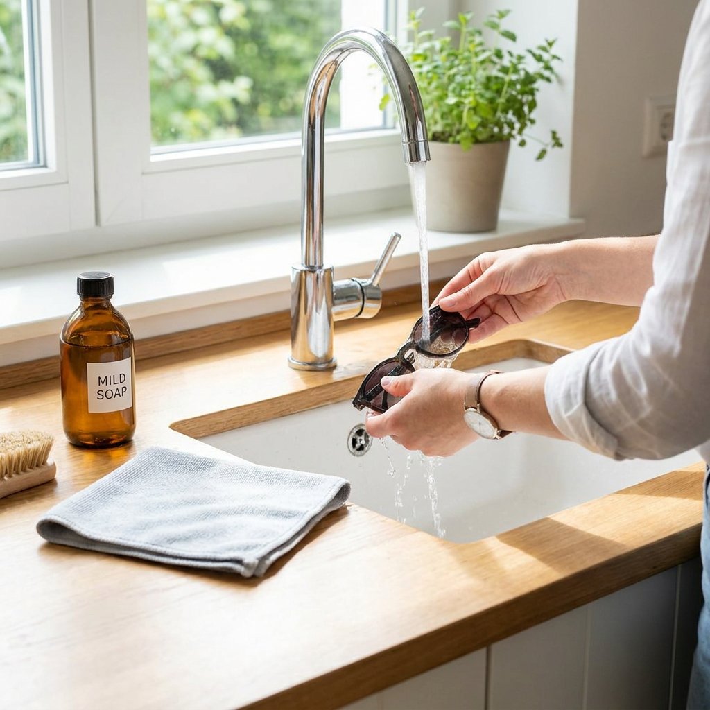 Hands gently rinsing and wiping sunglasses with a microfibre cloth beside mild soap on a bright bathroom counter in soft natural light.