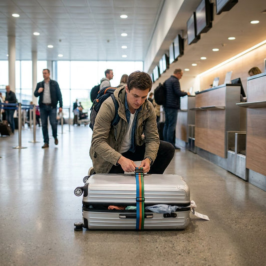 Traveller fastening bright luggage straps around a hard-shell suitcase in an airport terminal, with soft daylight and blurred check-in desks behind.