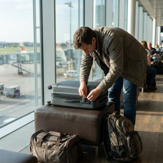 Traveler securing a hard-shell suitcase with a small TSA-approved luggage lock in a bright airport lounge, with carry-on bags nearby.