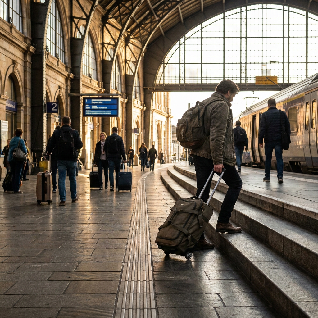 Traveler rolling a backpack with wheels across a European train station platform, with stairs ahead and warm morning light.