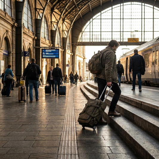 Traveler rolling a backpack with wheels across a European train station platform, with stairs ahead and warm morning light.