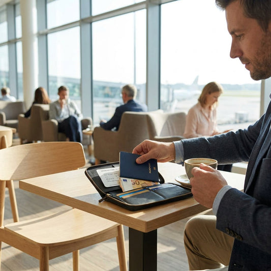 Traveller at a European airport lounge sorting passport, cards and cash into a slim travel money wallet on a small table.