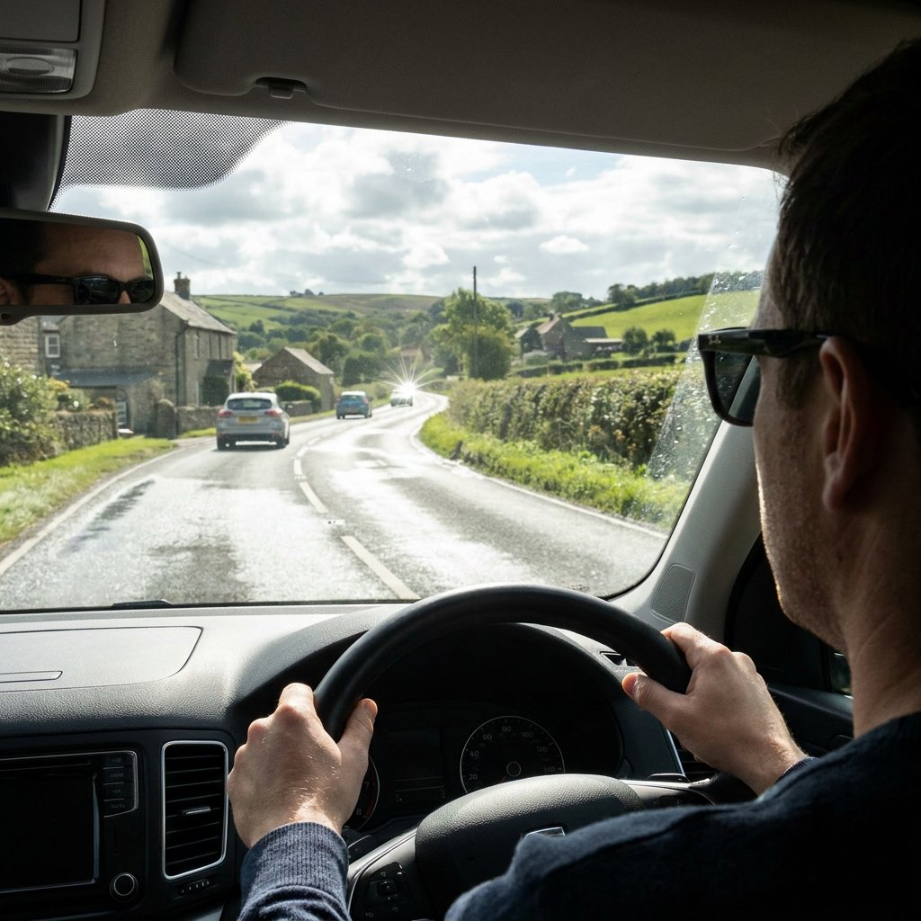Driver wearing polarized sunglasses on a sunny European road, with glare reduced on the windscreen and wet tarmac ahead.
