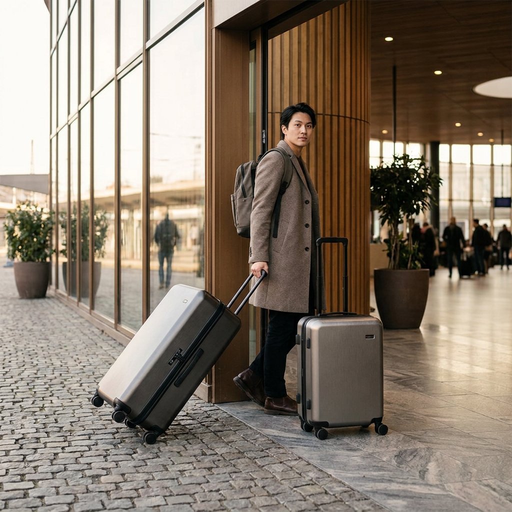 Traveller compares a two-wheel suitcase and a four-wheel spinner on a station concourse, with smooth flooring and city pavement nearby.