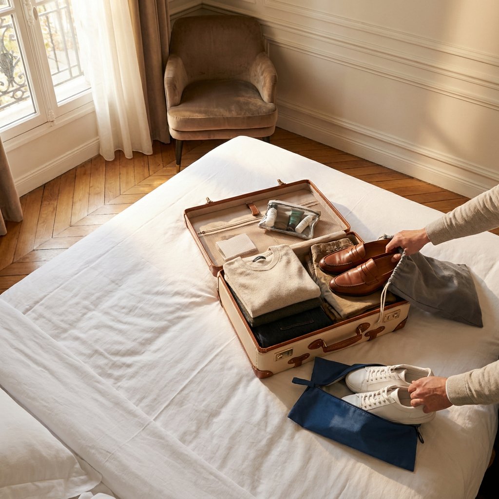 Open suitcase on a hotel bed with shoes tucked into fabric travel bags beside folded clothes, lit by soft natural window light.