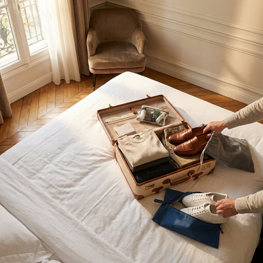 Open suitcase on a hotel bed with shoes tucked into fabric travel bags beside folded clothes, lit by soft natural window light.