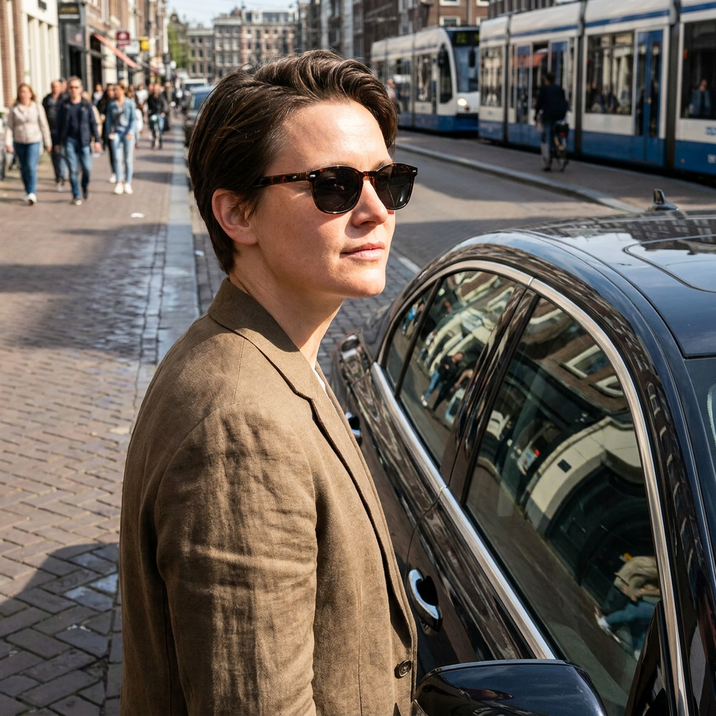 Adult wearing dark sunglasses stands beside a parked car on a sunny European street, with clear reflections and crisp midday light.
