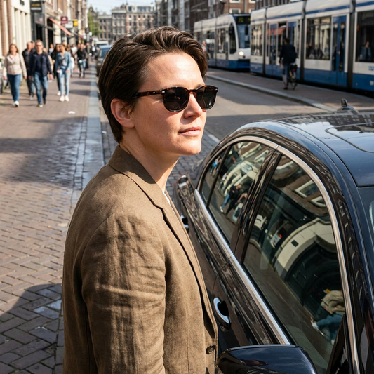 Adult wearing dark sunglasses stands beside a parked car on a sunny European street, with clear reflections and crisp midday light.