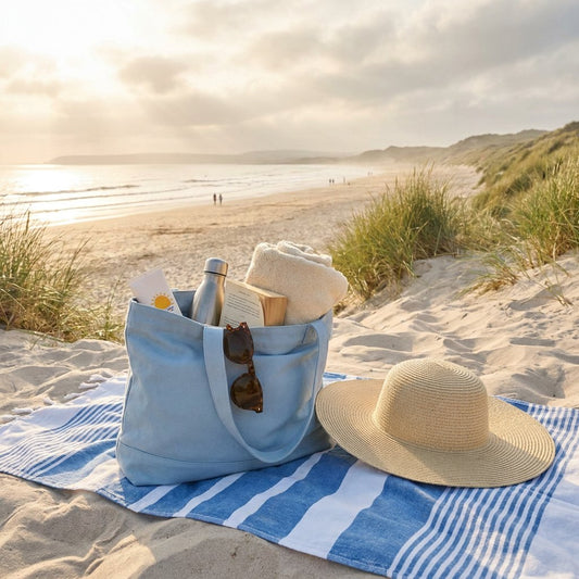 Powder-blue tote on sand with striped towel, sunscreen, sunglasses, water bottle, paperback and straw hat; warm light, gentle waves and seaside cottages behind.