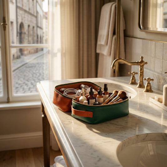 Open travel makeup organiser bag on a marble hotel vanity, neatly arranged with brushes, minis and cables, morning light streaming through a window.